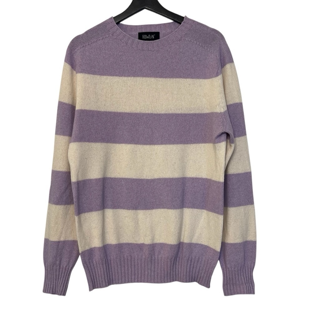 Howlin’ Scotland Men’s Stripe Crewneck Sweater Purple White Medium Wool Cotton
